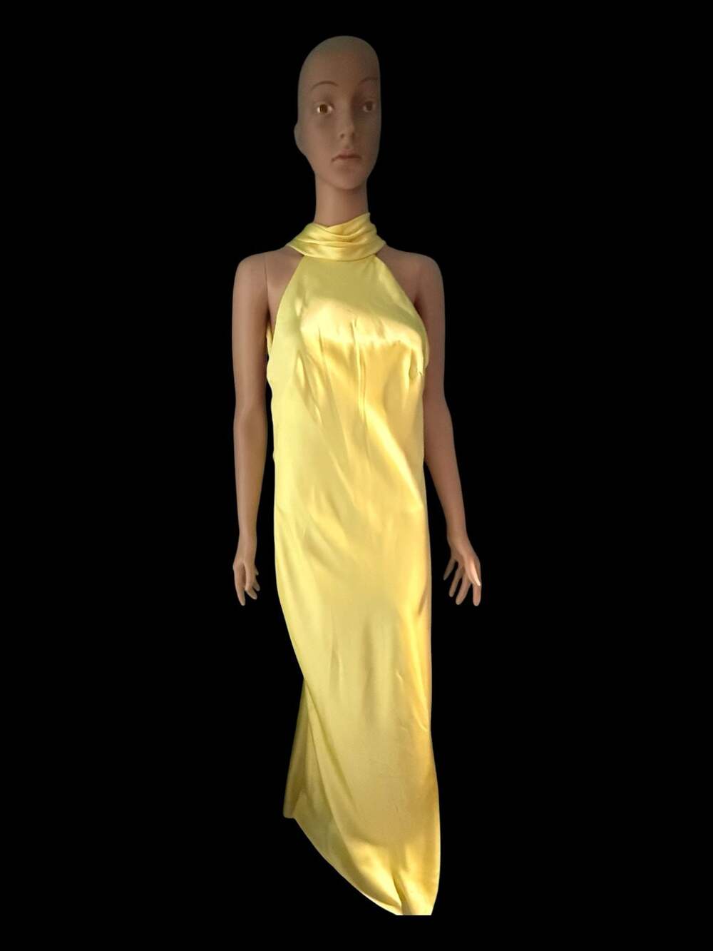 Xscape Women's Yellow Satin Halter Neck Backless Maxi Gown